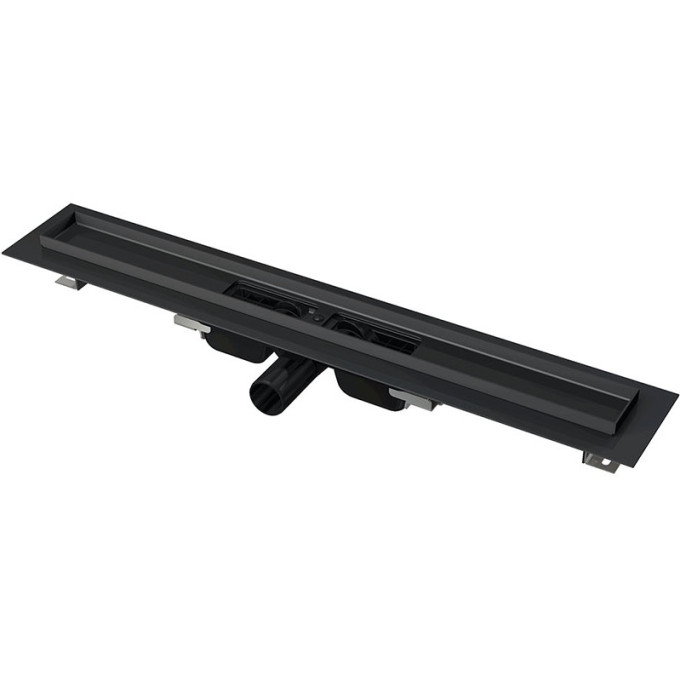 Водоотводящий желоб ALCAPLAST APZ101BLACK-650 с порогами для перфорированной решетки, черный матовый, низкий, горизонтальный сток